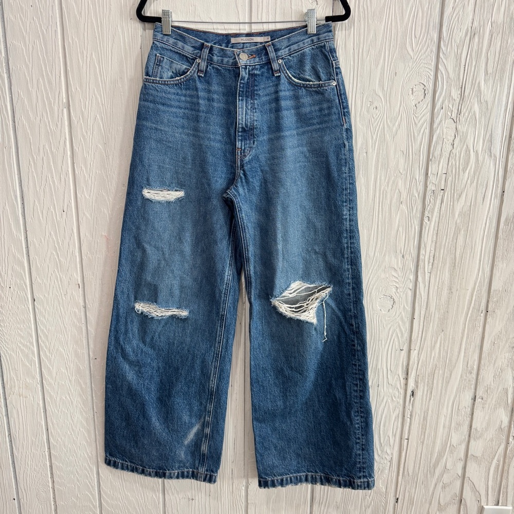 Hudson Jeans High Rise Distressed Blue Jeans wide leg